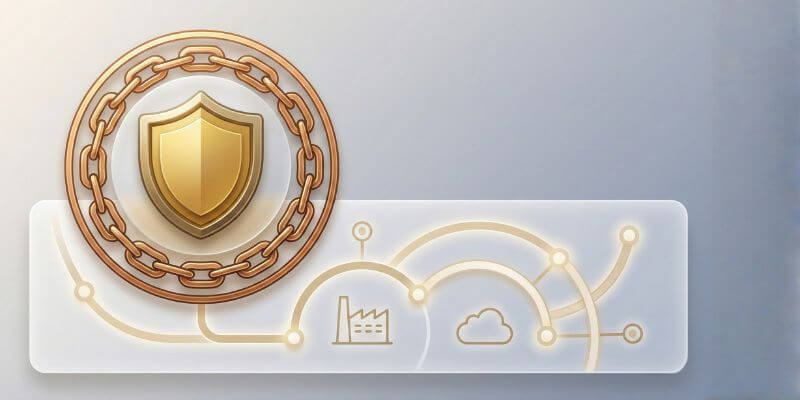 供應鏈資安與合規視覺：盾牌與鏈結形成保護圈，強調台灣企業的準入與風險韌性